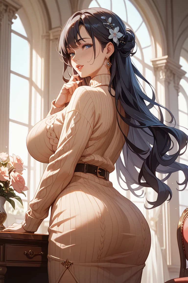 (masterpiece:1.2), best quality, (extremely detailed face:1.4), (highly detailed eyelash:1.6), highly detailed eyes, sharp details, high contrast, (shiny skin), elegant, elegant face, women, thick body, , massive breast, milfy face, Anatomical, Award-winning concept art, fine details, ultra detailed, masterpiece, best quality, 1girl, ((((full body)))), ((absurdly long Chocolate brown hair)), thick hair, huge angel wings, toga, large breasts, (plump), relaxed, ((chubby, angel)), (((((tight fitting gown))))), ((((opaque teal colored gown))), ((angel halo)), small wings, warmly smiling, laughing, (full of joy), gold eyes, motherly, (mommy), (((closed eyes))), gigantic, voluptuous, fat rolls, pencil sketch and watercolors, ((watercolor speedart illustration)), (body blush:0.9), volumetric lighting, spiritual, ethereal, glowing, (((((dynamic angle))))), very detailed background, (((blushing))), ((side view)), (((looking back at viewer))), plump ass, (((((fully covered))))), ((long sleeves)), (((dark living room))), warm indoors,
