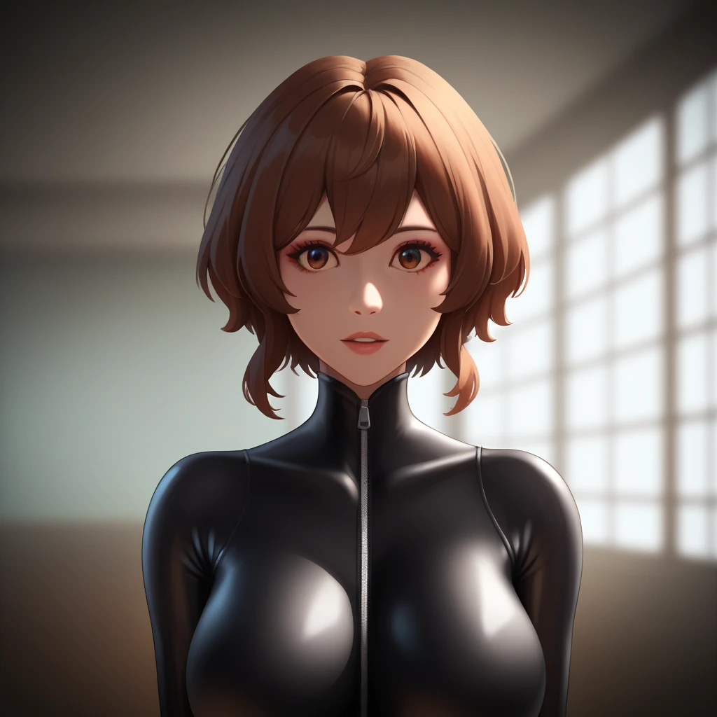 Masterpiece, best quality, official art, extremely detailed CG Unity 8k wallpaper, short hair female spy, wearing a black leather bodysuit, deep v, perfect bodies, huge breast , hentai expression, Ruddy cheeks, In the dimly lit prison room, hand tied in rope, arms up