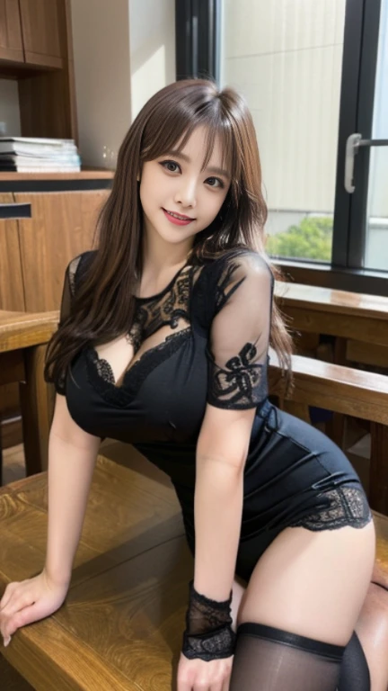 high quality, Ultra-high resolution, (Realistic:1.4), Black and white plaid dress、Spread your legedium breast、valley、A beautiful woman with a clear complexion、cute、smile、sofa、Night Sky、It&#39;s night outside、Living room in the background