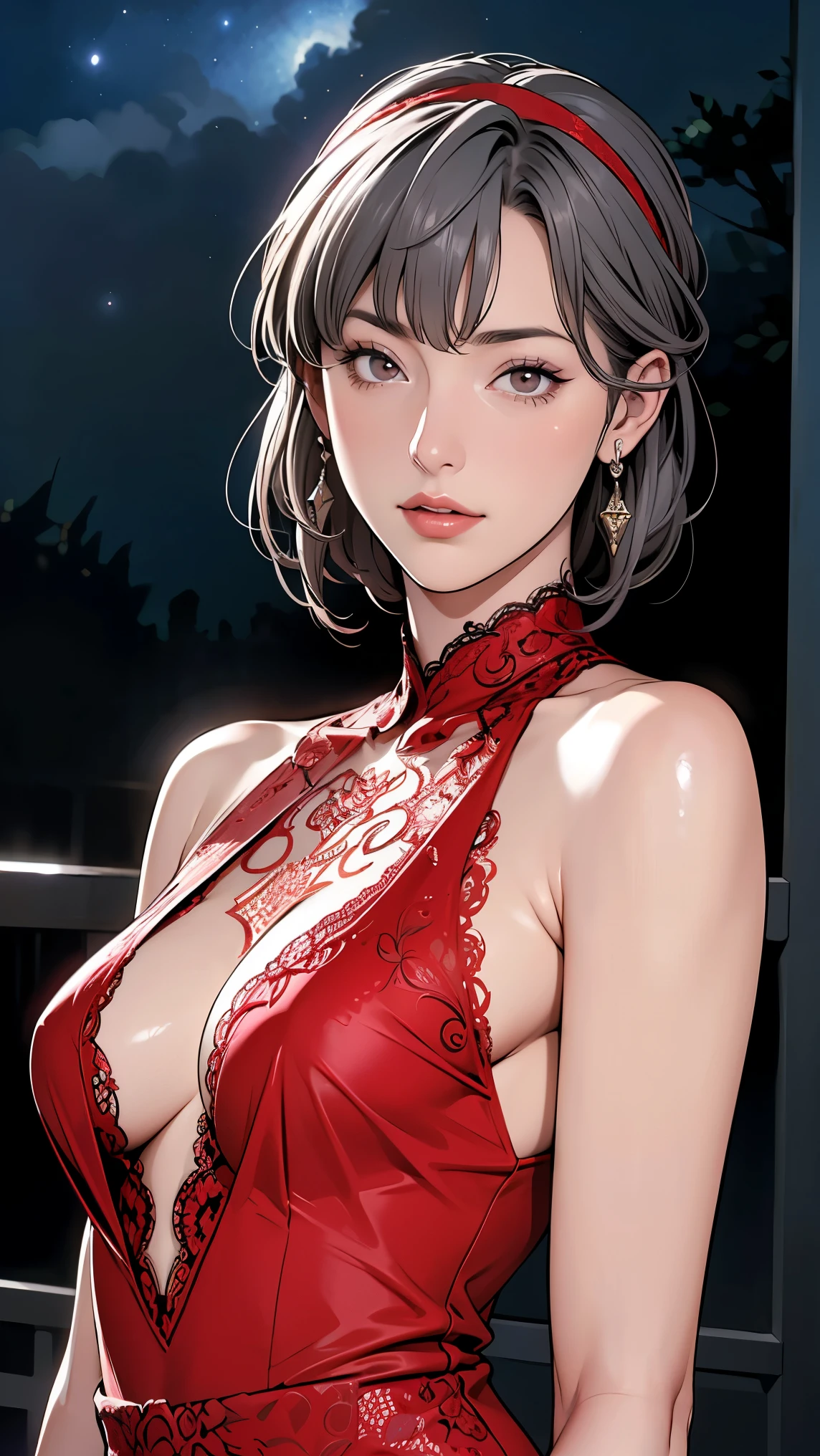 score_9, score_8_superior, score_7_superior, High-resolution CG illustration,A masterpiece in 32K resolution,Highest quality,it is really amazing,Very detailed,Ultra-high resolution,Ultra-realistic,Realistic,Increased depth of field,Cinematic lighting,
Elegant mature Japanese woman,
Shiny silver hair,Wavy long hair,Showing his forehead,god々Beautiful,Ultra-detailed and beautiful face,Sensual look,Beautiful dark brown, moist eyes,Pitch black eyes,Glowing, moisturized skin,Translucent white skin,born々New skin texture,Great proportions,
Elegant wine-red slit dress,spaghetti straps,Deep slit,Detailed and beautiful lace decorations,born地の柔らかな質感,
Black panties,
Black Stockings,
A dark and blurry night background,Dark overcast sky on a dull night,Dark clouds filling the sky,Thundercloud,Coastline at night,Golden reflections on the sea surface,delay々A desolate sandy beach that continues,
Dramatic Angle,