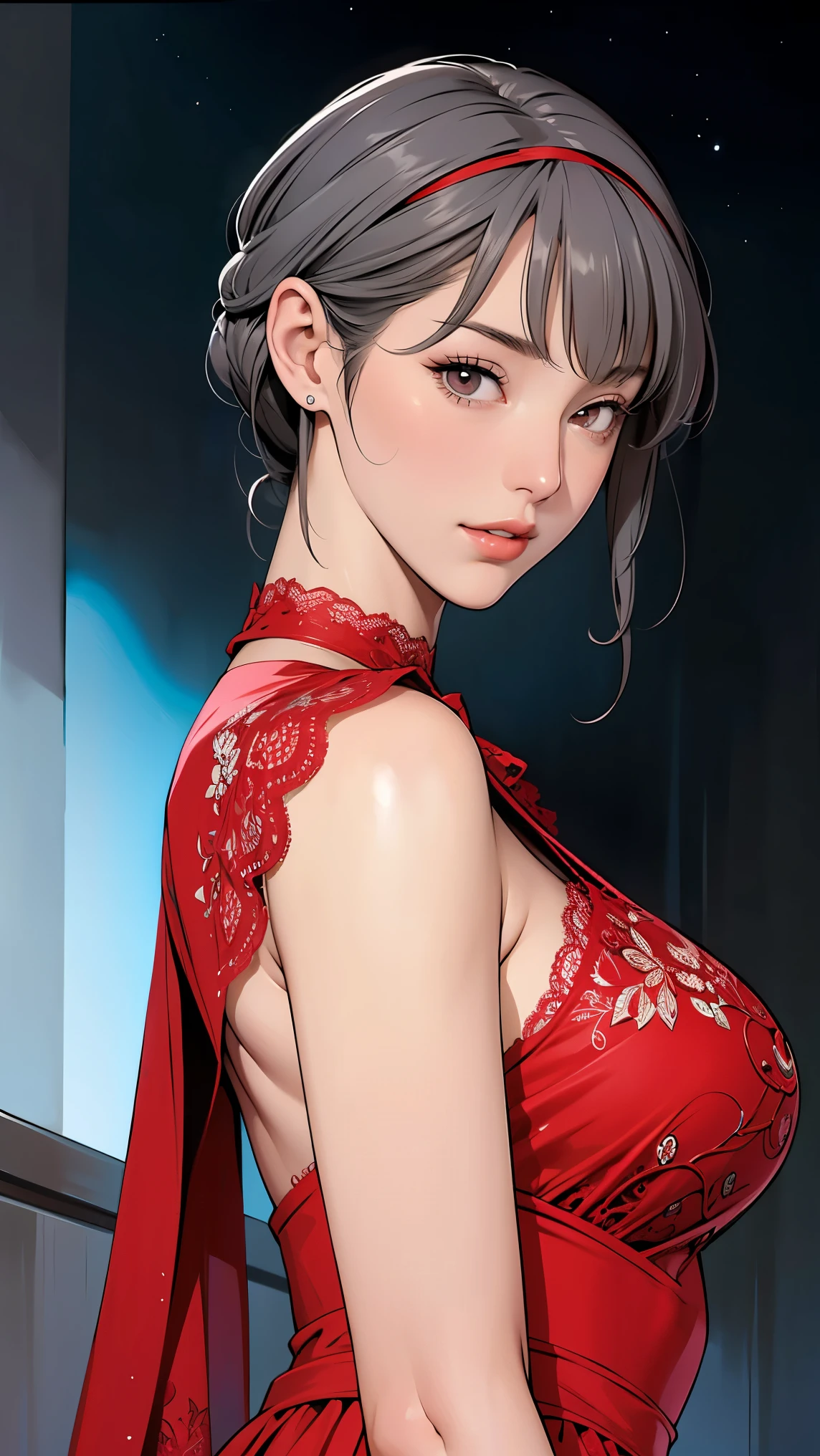 tsuruta ichiro, Narrow-eyed, 1girl in, Allback、deadpan、short-hair、shorth hair、brow、Reluctance、A dark-haired、Tucked Hair Solo, Cowgirl, Onepiece, ((mideum breasts)), Thin slit eyes、Black eyes, Light shines on the eyes、Black hair, gloves, Dress, Luxurious Jewelry, earrings, sharp eye、 elbow groves,Raise your hands and tie your hair back, random color, random color dress, Makeup for long eyes, Slender eyes、lip stick, Complex petal pattern, Rim Light, Back Light, pastel color,Studio Lighting