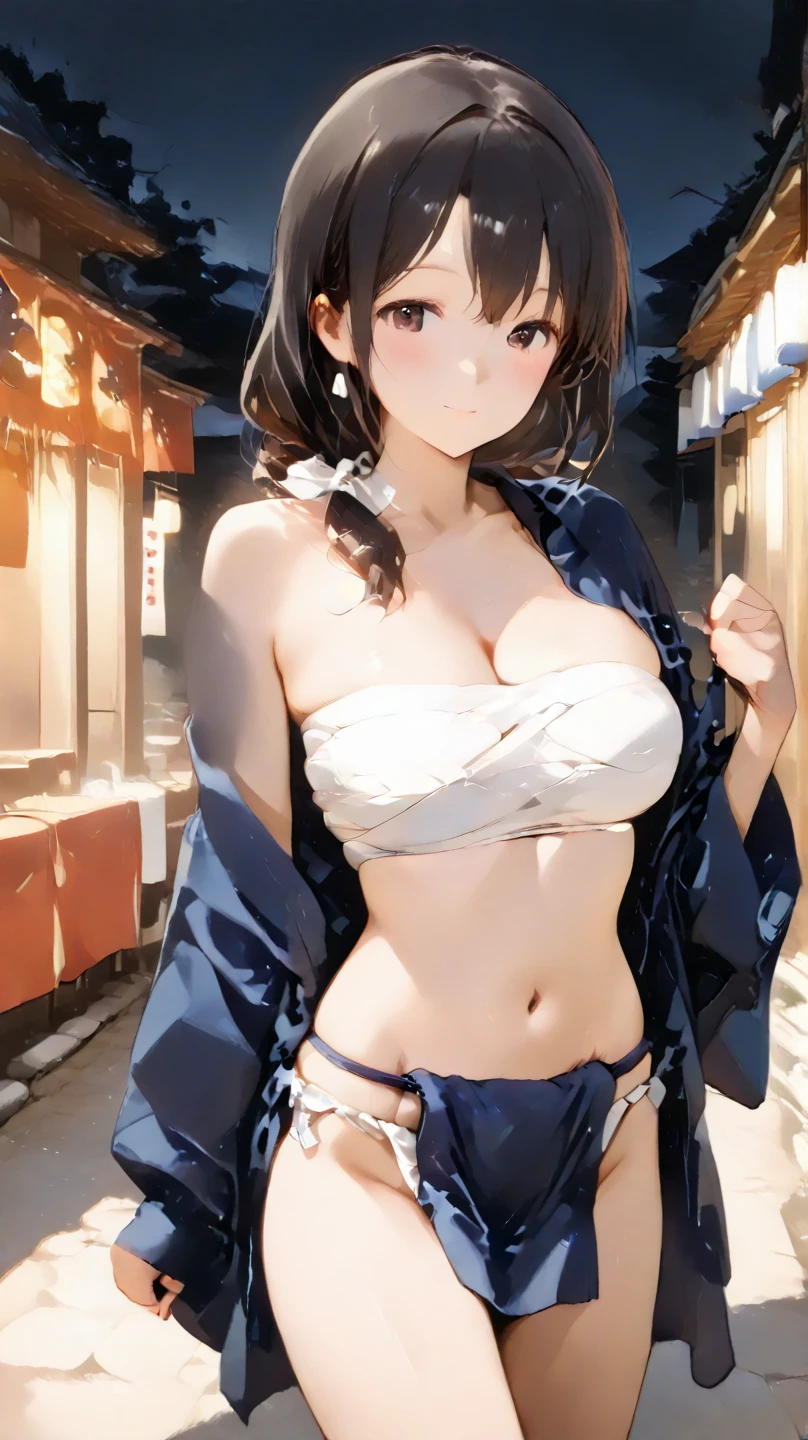 1Raiden shogun,extremely detailed eyes and face, Realistic, extremely detailed CG unified 8k wallpaper, ighly detailed, High-definition raw color photos, professional photograpy, Realistic portrait, Cinematic Light, Beautiful detailed, (wearing kemono with wide open breasts:1.5), perfect body, big beautiful bust, (purple long hair:1.2), (purple eyes), ((standing)), ((open legs)), view from below, ((no panties:1.5)) roadside