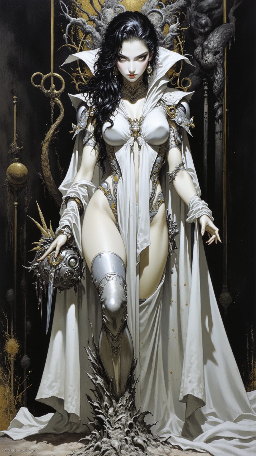 ((hovering intricate metal pieces around woman)), ((masterpiece)),(((best quality))),((character design sheet)), ((full body view)) ((cyberpunk empress)) mature face, ((middle eastern eyes:1.4)), ((gold cybernetic gown)), (((intricate futuristic breastplate))), defined cheekbones, high cheekbones, illustration, muscular, ((cyber gold:1.4)), sexy bimbo, (gigantic breasts:1.7) black hair, ((detailed face:1.4)) beautiful woman, (Chinese:1.4) (white skin:1.4) , (red lipstick:1.4), shiny skin, scribbles and marks,(puffy lips:1.4) , rough sketches, pose, 8k,16k, (simple background, white background: 1.3) ((warm color palette)), ((cyberpunk aesthetic))