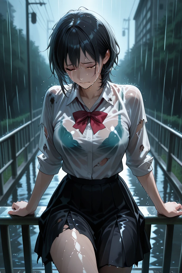 (((perfect anatomy:1.2,realistic:1.4,RAW Photography:1.4,masterpiece、highest quality、Ultra - High resolution、High resolution、Highly detailed CG、8K))),cowboy shot,1 female,solo、18 year old beauty,Japanese,((beautiful detailed face and eyes:1.3,big gorgeous eyes:1.3,gray eyes)),black hair,short bob hair,blunt bangs,blush,crying,(medium breasts,slender body,small head:1.3,skinny),(gleaming skin:1.4,oily skin,shiny skin),((Dirty with mud:1.5、sweat:1.5)),(White collared shirt、Short sleeve、Pleated black mini skirt),lying,spread legs:1.5、Port warehouse district、container、at night、moonlight,