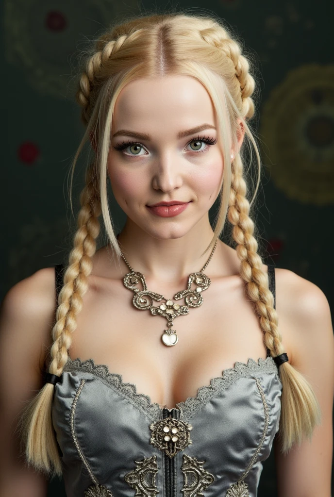 A 18 year old blonde American instagram model. She is wearing a corset. Braids blonde hair. Large cleavage, large butt. Fit body. Hot, attractive, sexy. Relaxed cute pretty facial expression. Exaggerated creative Seductive pose. 3/4 body portrait