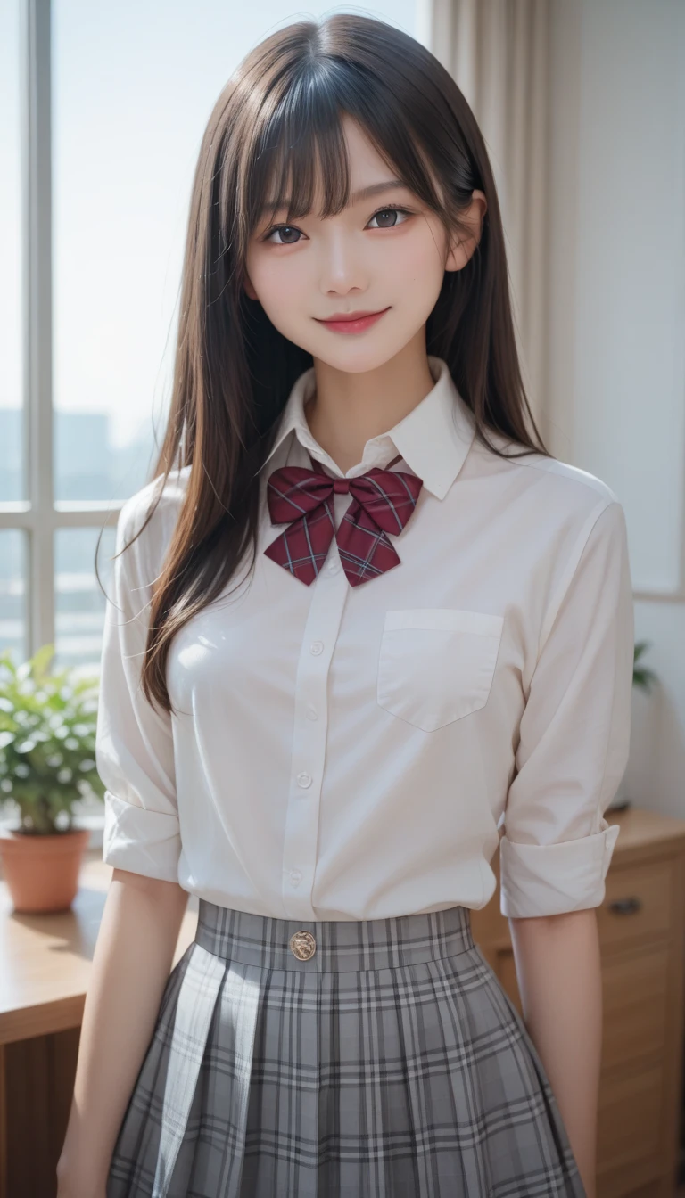 (masterpiece:1.2), Japanese, (16 years old), (a girl),  (Collared shirt), (skirt), Thighs, (bow tie), room, smiling, tits, 