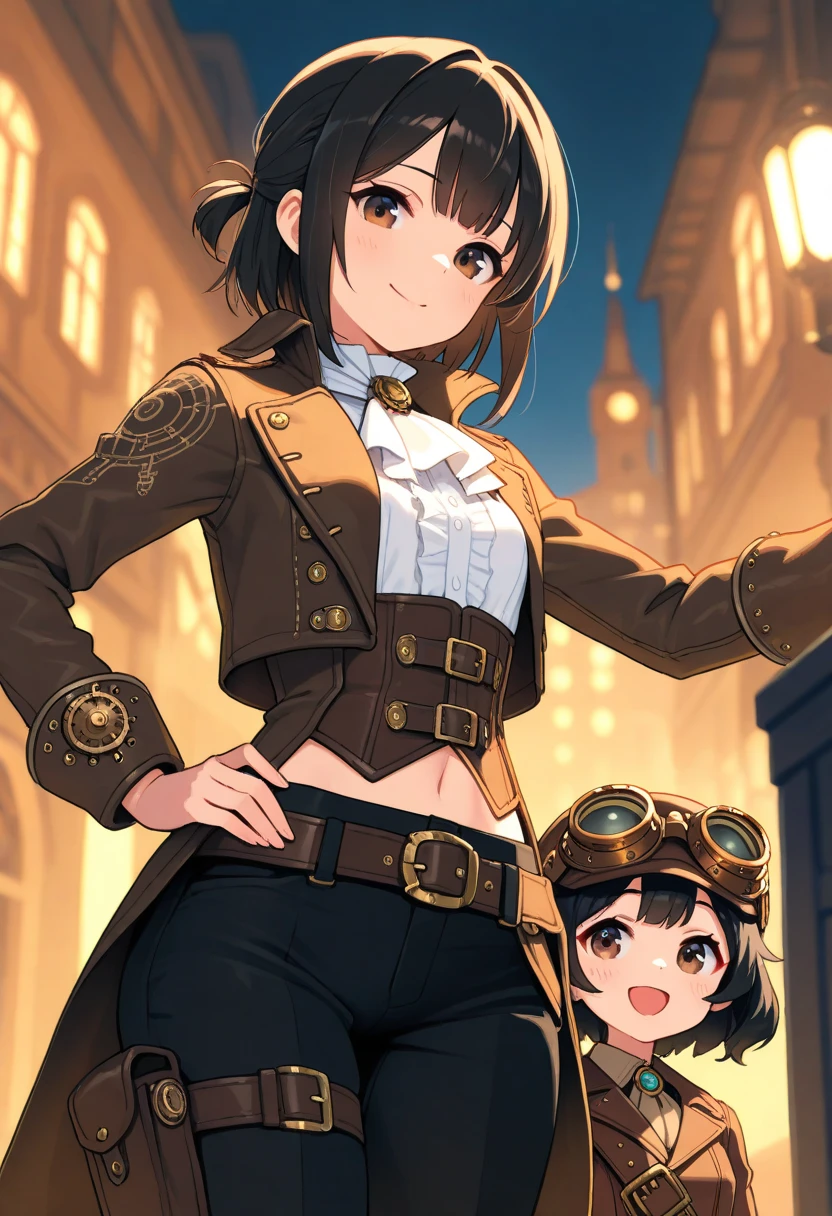 (((pixel-perfect, detail-perfect))), masterpiece,best quality,ultra detail, 2 girls, height difference, beautiful detailed eyes, brown eyes, outdoors, steampunk setting, night, black hair, goggles, thin eyebrows, small nose, black cargo pants, small , elegant brown steampunk jacket, ascot, navel peek, belt, dinamic pose, happy, elegant frilled shirt, posing for the camera
