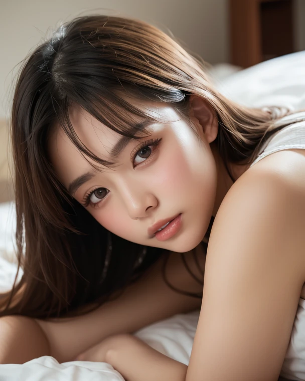 ((highest quality, masterpiece :1.3)), Photorealistic、Ultra-high resolution、Natural skin texture、Hyperrealism、Near Movies、Beautiful Japanese girl in her early teens、One girl、Tight crop top、Lying in bed、Frightened expression、Tears flowing