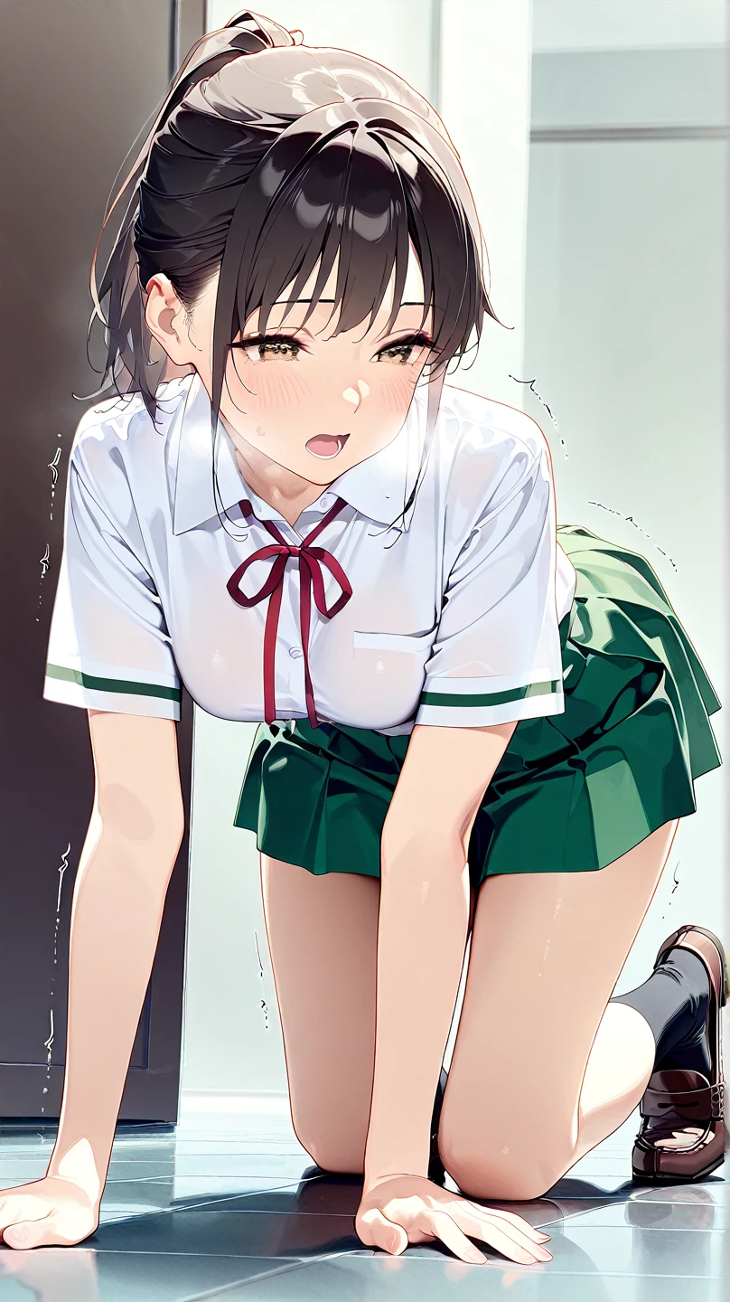 a sexy nurse, ((1girl, alone)), bob cut straight hair, brown hair, ((green eyes)), beautiful eyes, blush on make up, pleasure expression, long eyelashes, white-blue colored high waist one-piece con dress nurse uniform, stockings, garter belt, big breasts, blushing, smiling, (high quality), (best quality), (full body camera shot), sexy lips, cleavage, big hips, sexy thighs, hospital background