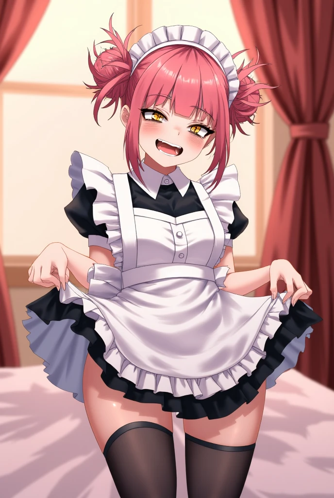 (best quality, masterpiece:1.2), illustrations, a cute girl, cute face, kawaii, early teens, very lovingly face, twintails, pink hair, small breasts, maid wear, BREAK (vaginal penis), (a man), hetero, (lying on back:1.4), (lady spread legs:1.3), (intense Sex:1.4), (cum out:1.2), bedroom, bed, from above, BREAK (orgasm face, closed eyes, aroused, open mouth, gasp, blush cheeks, saliva trail:1.2),