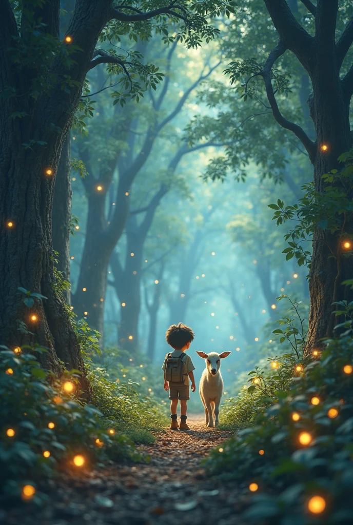 The boy was in a forest illuminated by moonlight, fireflies, a stream, and deer.