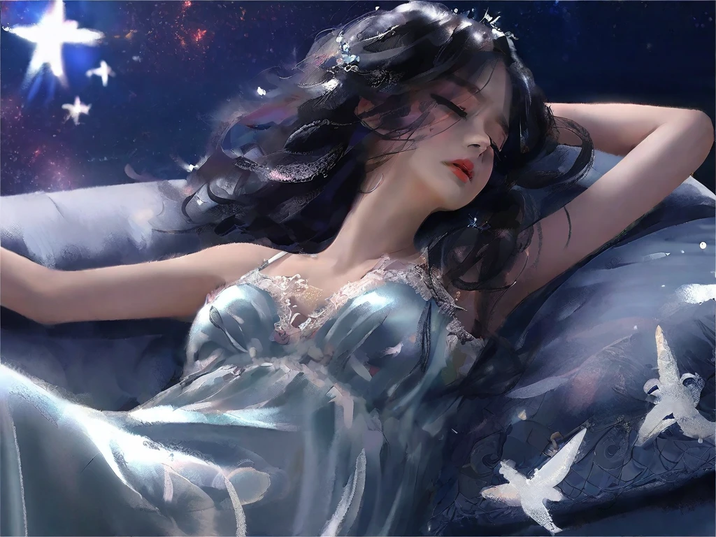 painting of a woman laying on a bed with a white and blue dress, wlop jeremy lipkin, ross tran 8 k, artgerm julie bell beeple, james jean and wlop, wlop art, rhads and lois van baarle, art of wlop, wlop |, artgerm and james jean
