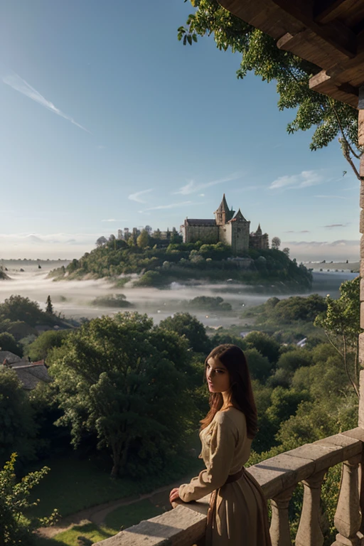 Naked woman in a castle watching the landscape