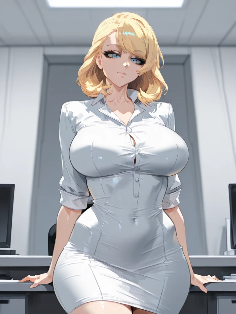 (masterpiece, best quality:1.2), 8k, woman, solo, milf, 40 years old, dean, long hair, blonde, looking at viewer, office, sensual smile, white shirt, cleavage, enormous tits, black belt, gold pendant, sit down, desk
