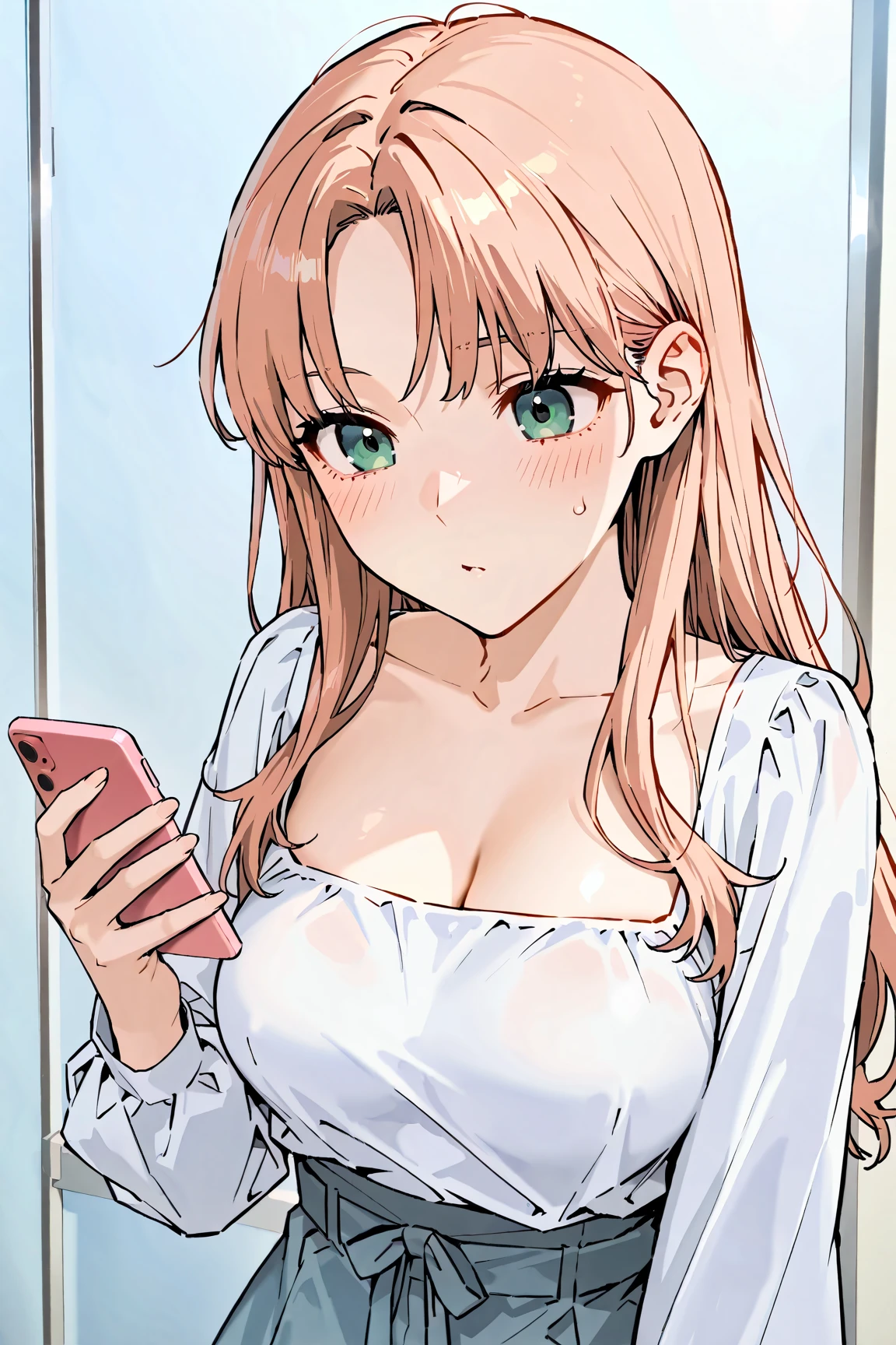 ((Masterpiece)),((Best Quality))),((Ultra Detailed)),((Illustration)),Upper Body View,1 mature girl, long pink curly hair, at home, holding a cell phone in hand