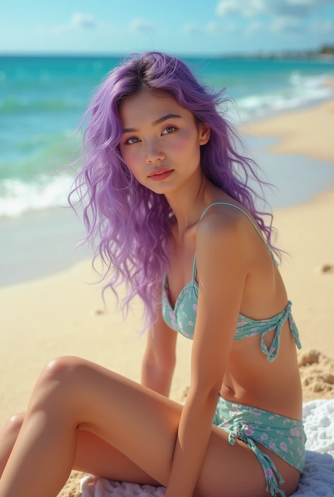 20 year old woman, light violet hair, slim american, light freckles, realistic light blue eyes, symmetrical face, high contrast eyes, at beach in floral summerdress whole body