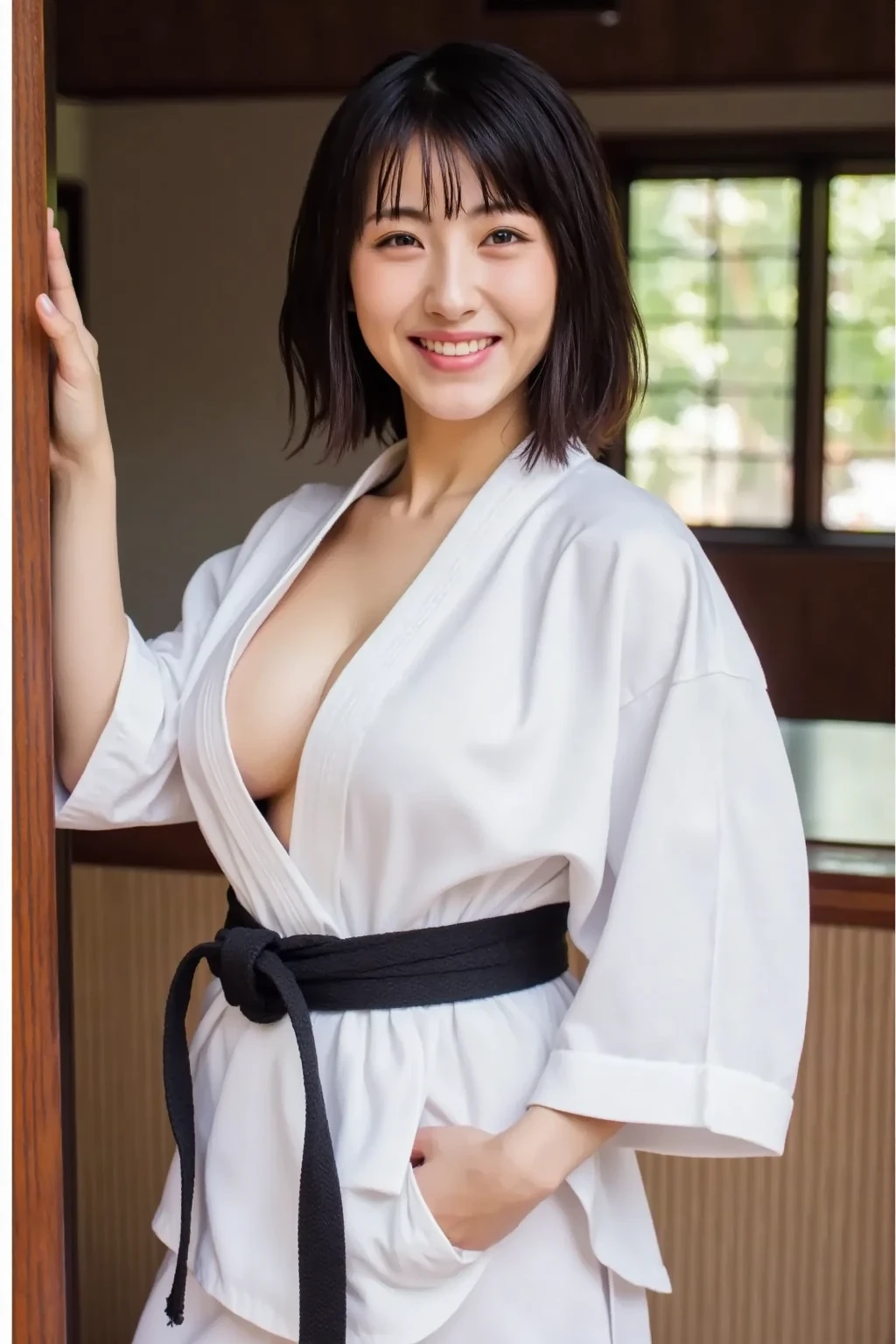 ((highest quality, 8K, masterpiece: 1.3)), sharp focus: 1.2, Beautiful woman with muscular body: 1.4, tall woman, arms are hanging down, slim belly: 1.2, ((big: 1.2)), wet body: 1.1, very detailed face and skin texture, fine eyes, double eyelid, sunburned skin, sunburned, sweaty skin, 1 girl, short bob, layered hair, Short and cute hairstyles, intricate details, movie-like atmosphere, 8K, very detailed, (realistic, photorealistic: 1.37), Super detailed, highest quality, realistic, very delicate and beautiful, Raw photo, (((professional lighting)), face lighting, Depth of written boundary, single focus,(((judo))),((Black belt)) (Muscular and healthy), small head, (((beautiful eyes)), real face, realistic face, real face, fine eyes, (fashionable hairstyle: 1.3), viewer, (cool japanese women)), intellectual, sports, (smile: 1.15), (closed mouth), Fine and beautiful eyes, (dojo: 1.3), judo player, healthy body、((big breasts))、((cleavage)),, junior high ut,Beautiful dark-skinned Japan woman、(Editorial about a beautiful 13-year-old half-Filipino woma),fbody t、(((shortcut:1.3)))
