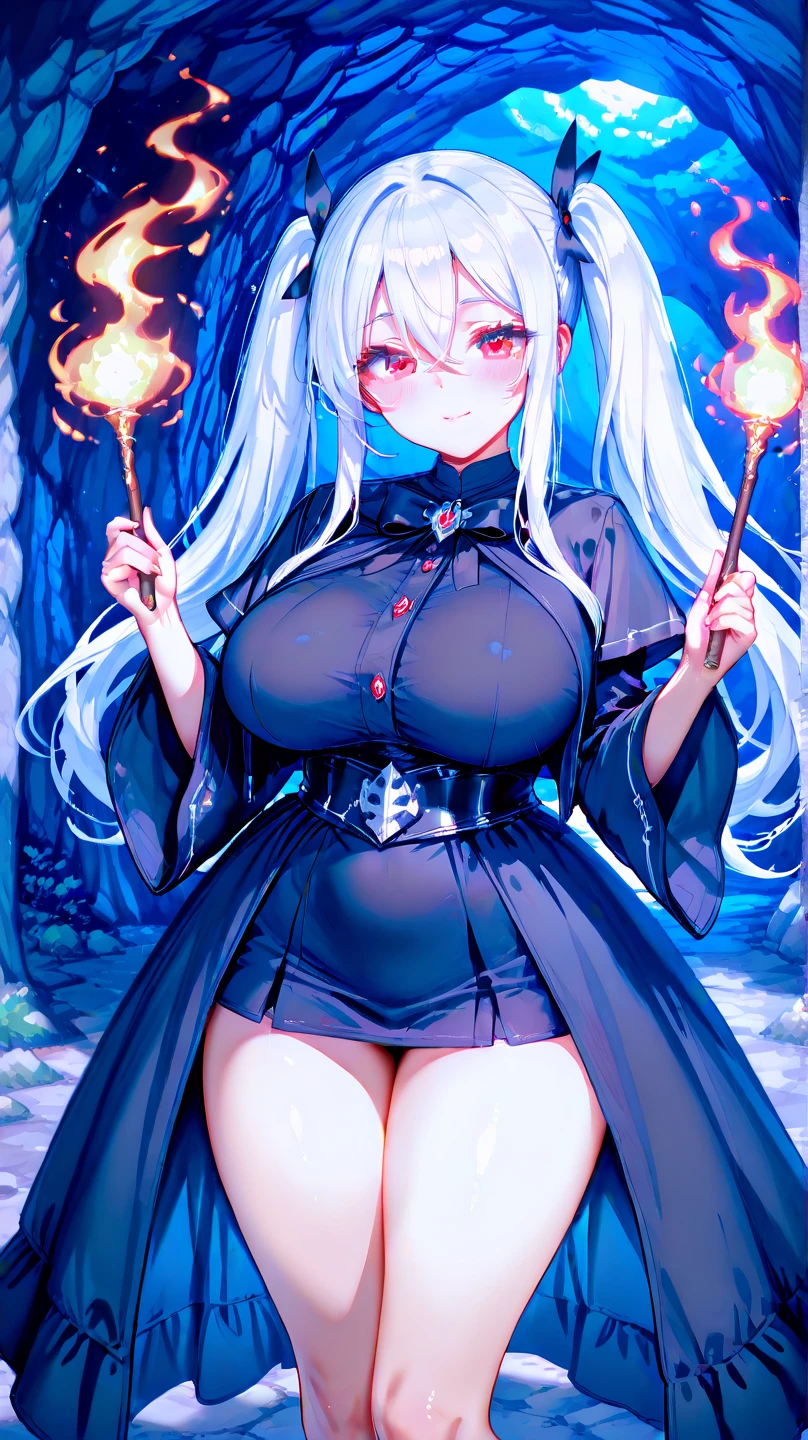 solo 1 thin (little girl:1.1) standing, (straight back:1.1), (disproportionately gigantic perky breasts:1.3), (cleavage:1.3), (frilled white shirts with open chest wide), BREAK, large eyes, rainbow glowing pupils, rainbow glowing iris, BREAK, (thin long legs:1.3), too thin waist, arms behind back, BREAK, (absurdly long white straight hair:1.3), blunt bangs, BREAK, (long black thighhighs:1.5), BREAK, (short black capelet:1.2), (short black high-waist skirt:1.2) cinches waist tight, BREAK, looking at viewer, (nose blush:1.1), full body, landscape