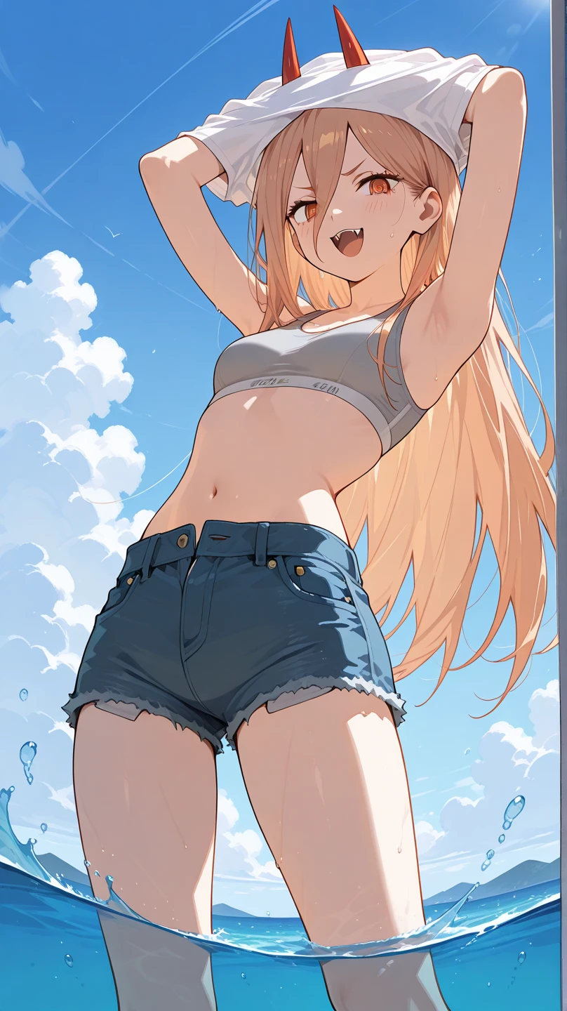 (8K、Highest quality、Highest quality、masterpiece)、Detailed face、One Girl、(Brown Skin:1.2)、Long Hair、Blue Eyes、Serious、(Red Tank Top、Denim hot shorts、Open Shorts、Unziped shorts、Mini jeans Shorts、No Panties、NoPanties、Spread pussy、heart clitoris cutout)、labia view、Beach、cloud、vagina、Pussy Lip、Wedgie between Pussy Lips、Big Breasts
