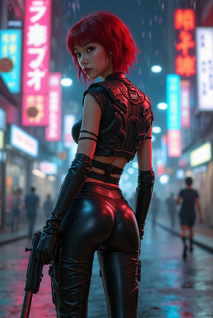 Sexy girl, gangster girl, perfect body, medium breast, red short hair, unbuttoned blouse, metalhead, streetwear clothes, short plaid skirt, grunge, crossing arms, fight pose, perfect butt, sexy hips, back view, stockings