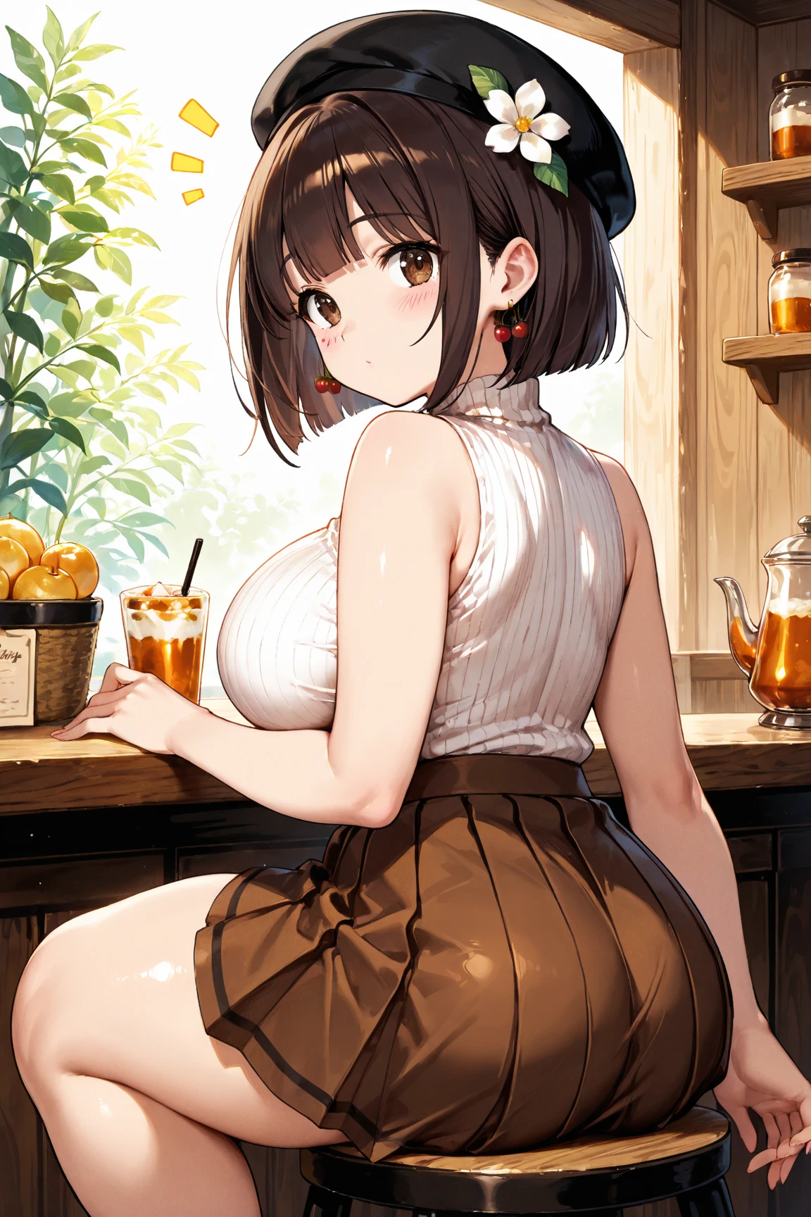 (from above:1.0),(from side:0.9),masterpiece, 1girl, Amazing Cleavage:1.1, thin waist, big ass, Raised sexy, small breast: 1.3, posed cleavage:1.2、solo, looking at viewer, open mouth, have a cute grass of cute beergrass,black hair, dark green eyes, dress, bare shoulders, jewelry, collarbone, sidelocks, hairband, earrings, indoors, off shoulder, :o, sweater, arms behind back, plant, short hair with long locks, gild hairband, off-shoulder dress, sweater dress, off-shoulder sweater, red sweater, dark gord hair, big side hair, very long side hair,is rendered in (masterpiece: 1.2, best quality), with (ultra high resolution) and an exquisite (depth of field). This masterpiece is not only visually stunning but also tells,A scene of cooking in the kitchen by classroom