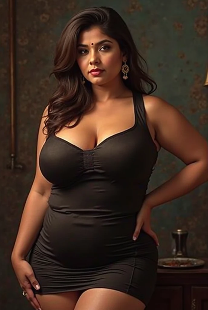 Noughty Queen Vidya Balan: Sultry Plus size exhibitionist amorous lady with huge breasts, Imagine a captivating portrait of Lavanya Manickam, a bold and seductive actress, wearing a dress that highlights her ultra deep V neck. Her large, expressive eyes and vibrant personality are the focal points of the image.