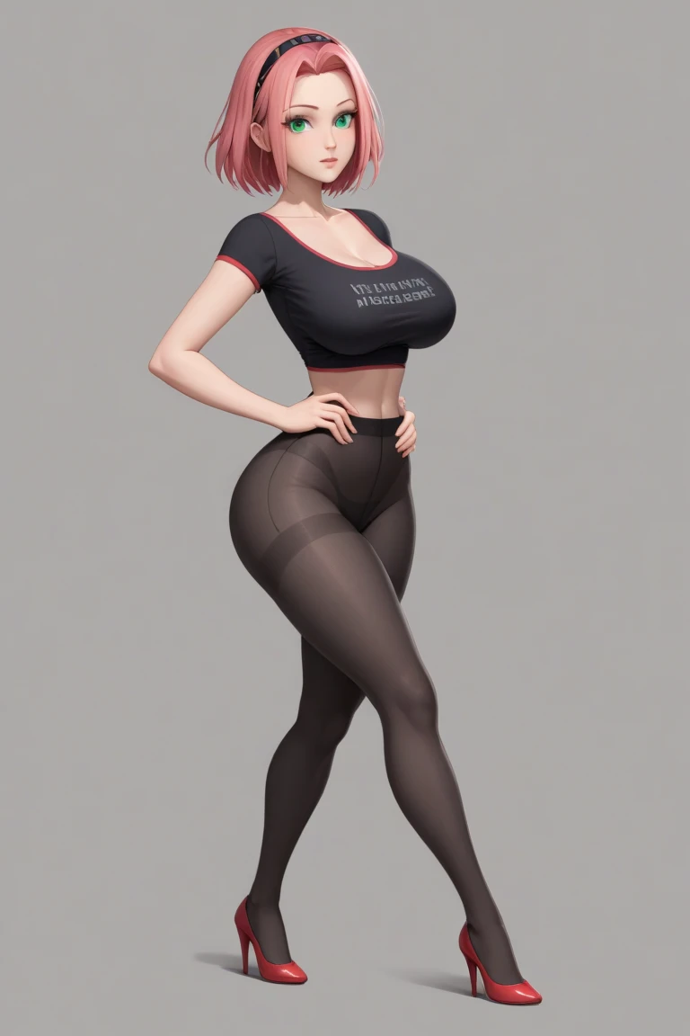 photo of a ginger 16yo girl, freckled face, face freckles, rosy, contemptuous look, 1 girl, solo, full body view, ponytail haircut,pale skin, big round , stand sexy pose, beautiful, ((pleated skirt with black tights under skirt)), ((oversized black sweater)), black high heel shoes