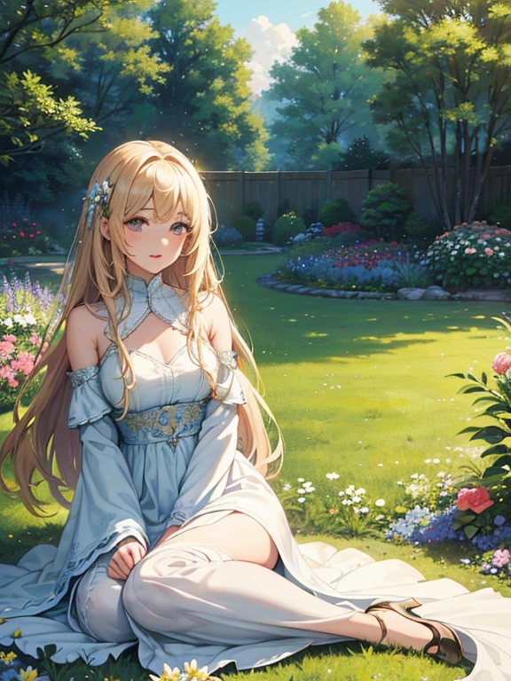8k, ultra-detailed, high quality, smiling woman who looks like celestial godess, fox tail, fox ears, shiny green eyes, long pink tangled hair, sitting in a garden with a lot of flowers, wearing elegant dress, flowers in the hair, magical