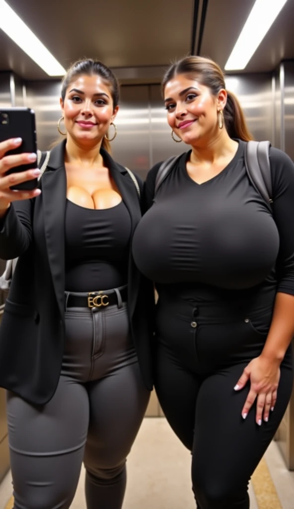 1girl chubby, long hair, looking at viewer, smile, black collar jacket, very thin white shirt seeing silhouette of her large breast, black hair, navel, white tube, brown eyes, large jewelry, standing, glasses, unbutton pants, large necklace, mole, multiple views, buttons, ring, denim, large black-framed eyewear, mole on breast, jeans, realistic, background at the night with city light