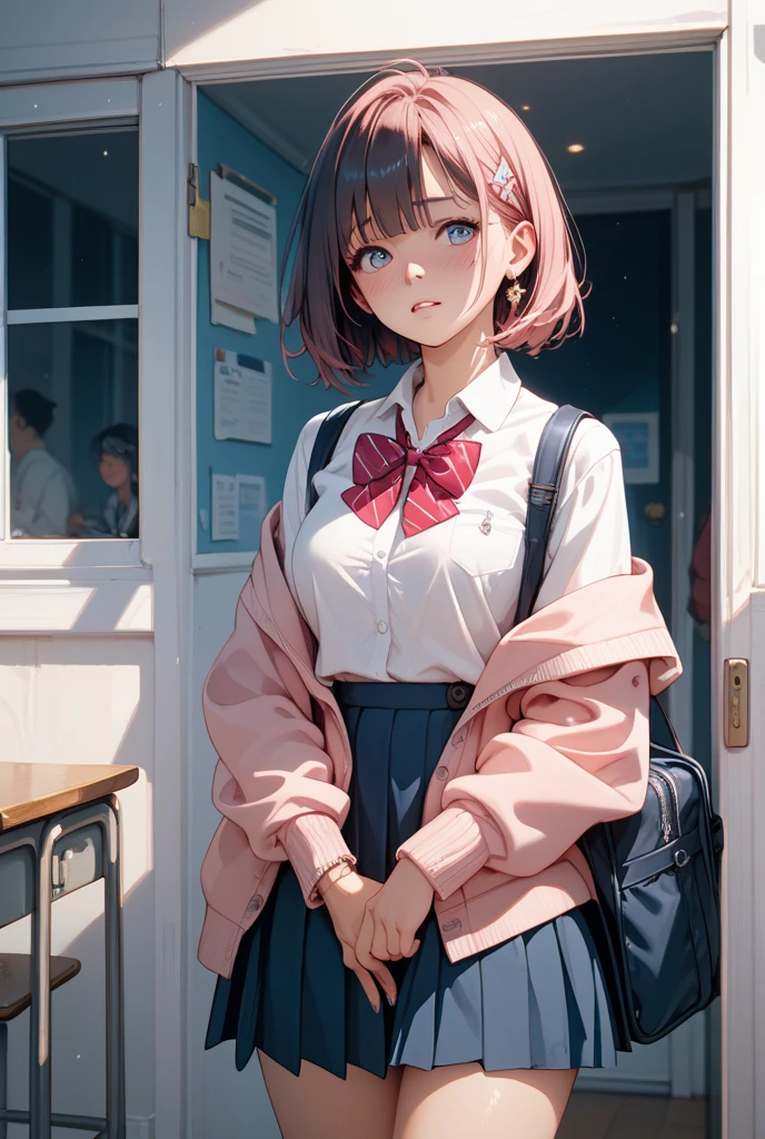 1 girl, split lips, blush, makeup, Light smile, School uniform, classroom, school backpack, rays of light, shine, Thighs, clavicle, narrow waist, (master piece), wallpaper,