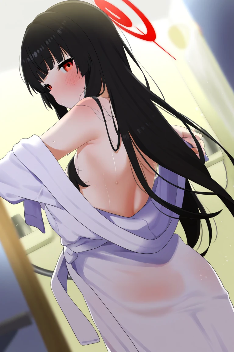 (best image quality, masterpiece:1.2), absolute resolution, high quality, one woman, break, (long black hair mixed with red:1. 1), brown eyes, huge breasts,naked,open clothes,