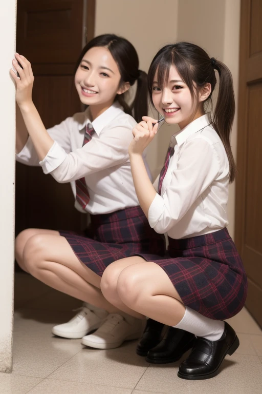 Best quality, masterpiece, ultra high res, (photorealistic:1.4), smile, a girl (((lovely))), ((Black hair, twin ponytails, sitting on a small stool))