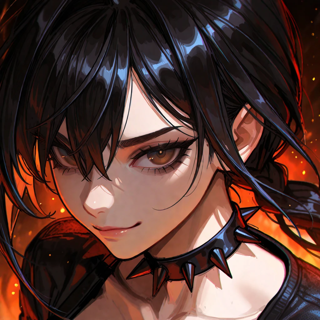 female, huge black rabbit ears, floppy black rabbit ears, dark skin, black hair, short messy hair, braids, curvaceous, wide smile, black eyes, abs:0.3, cleavage:0.3, close up, from the waist up, looking at viewer, black rabbit tail, sweat, solo, leather jacket, short shirt, worn jeans, holding cigarette, earring, choker, navel piercing, park, night, short shirt, bare midriff, cool pose, small breasts, short girl, tattoo, crossed arms