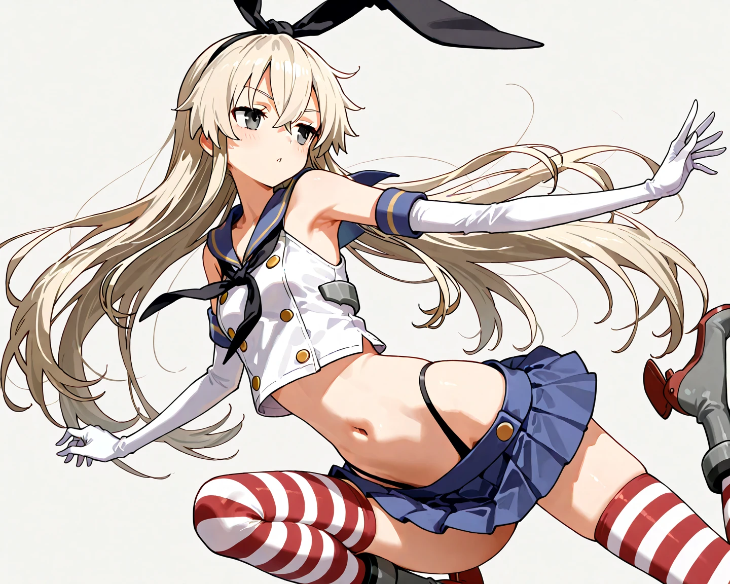 a nude anime character with long pink hair wearing striped  uniform and heels, shimakaze (kancolle), 1girl, panties, underwear, skirt, long hair, gloves, elbow gloves, striped, from below, thighhighs, striped thighhighs, white gloves, solo, black panties, blonde hair, navel, crop top, breasts, skindentation, pleated skirt, blush, sailor collar, neckerchief, blue skirt, highleg panties, upskirt, miniskirt, hairband, serafuku, cameltoe, thighs, 
