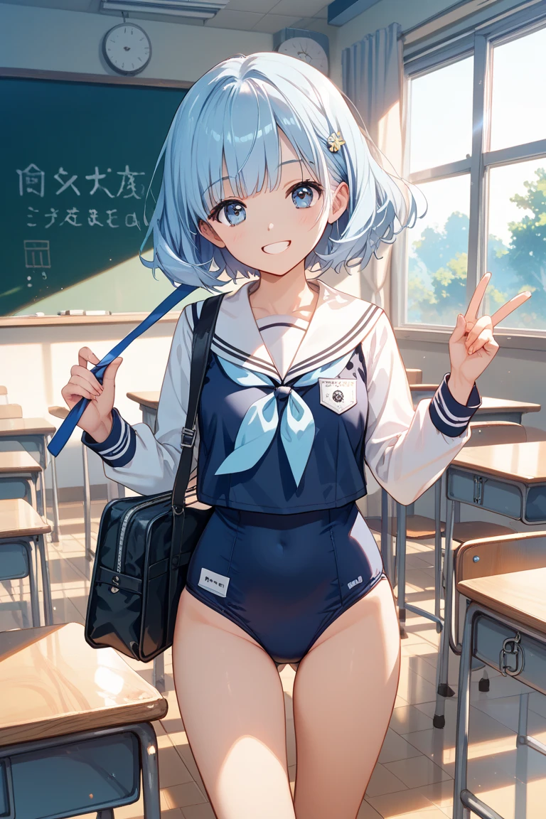 (masterpiece, best quality), 1girl,     1girl,arona (blue archive),hairband,blue hair,halo,hair over one eye,braid,short hair,solo,pink hair,looking at viewer,white hairband,blush,shirt,,sailor collar,long sleeves,serafuku,blue shirt,smile,ribbon,white sailor collar,choker,bow,single braid,Classroom background,white choker,colored inner hair,navel,bow hairband,white bow,hair ribbon,closed mouth,collarbone,shoes,white ribbon,white footwear,no_pants,panties,blue_striped_panties