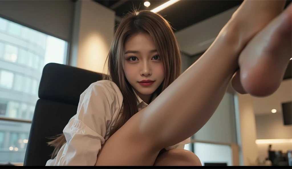 nsfw,Best Quality, Masterpiece, 1 Girl, (Beautiful Face, accurate face,perfect face, detailed face),(Photorealistic Photo:1.3), Rim Lighting, (High Detail Skin:1.2), 8K UHD, DSLR, High Quality, delicate face,High Resolution, 4K, 8K, Bokeh , Absurdity, , ( Real:1.3), Japanese,Completely nude,brown hair, (full body:1.4),small breasts, slender body ,(spread legs:1.6),(company office),(on the desk:1.5),(smile:1.4),(multiple men:2),(detailed background:1.2),being watched,(Fishnet tights,high heels),(spread pussy, pussy juice1.1),(cum:1.4),(from below:1.3),