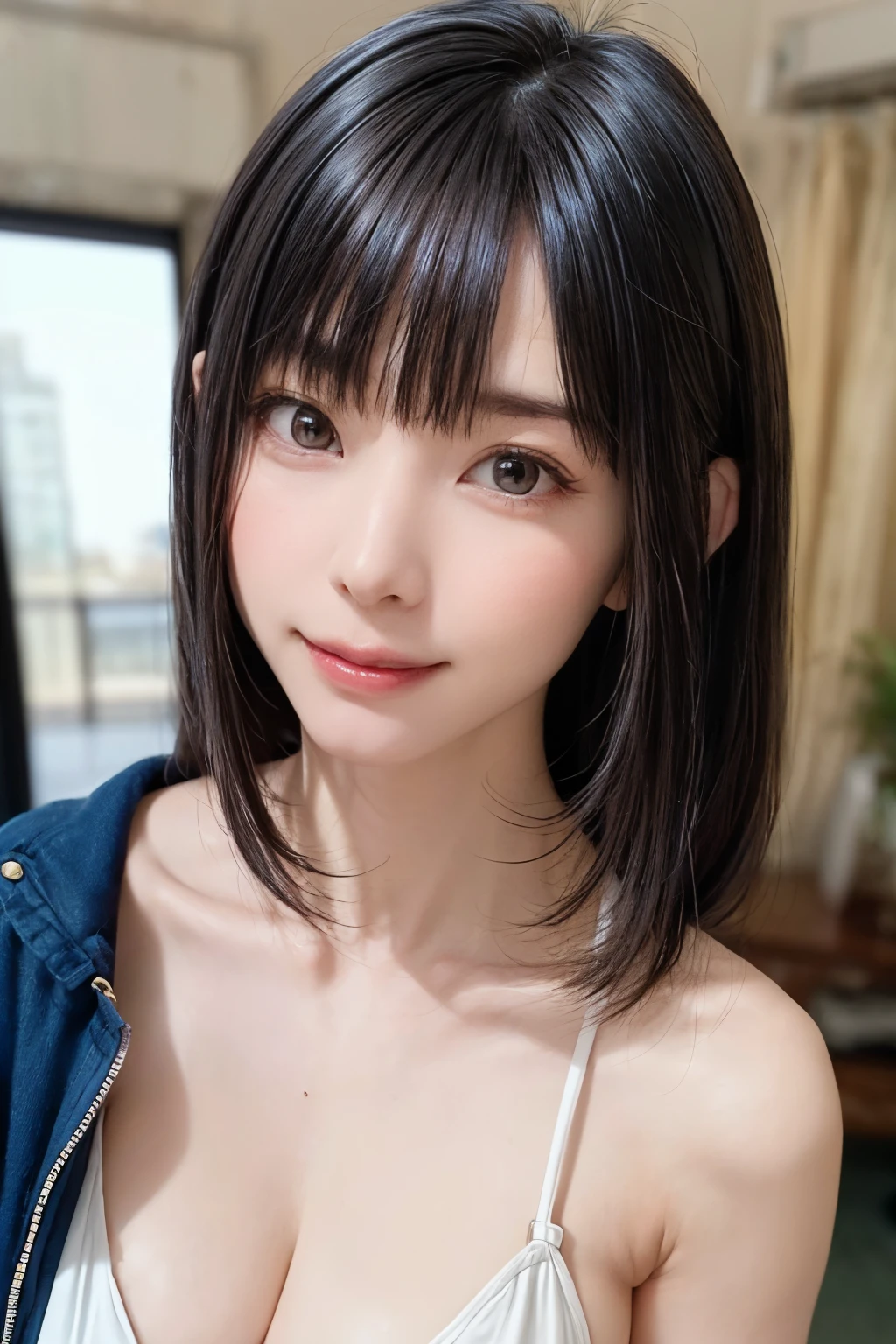 Everything is beautifully detailed:1.6,masterpiece、Highest quality、1 girl, alone, alone focus, Cowboy Shot, Portraiture, Larger clothes, Blue and white hoodie, half水彩画, half, ((Black Hair)), (Shiny Hair), (Gradient Hair :1.5), Curly Hair, ((Beautifully drawn delicate eyes)), Very detailedな目, Sunburn, (Dark caramel skin:1.1), Highest quality, Very detailed, White Background, Simple Background、{Huge|big|Hugeな|Mega} chest:2, chestの谷間:2、開けたchest、Perfect Anatomy、Cute Smile、((short hair:1.8、Short Bob Hair、bangs))、Listen carefully、Beautiful long neck、Perfect Anatomy
