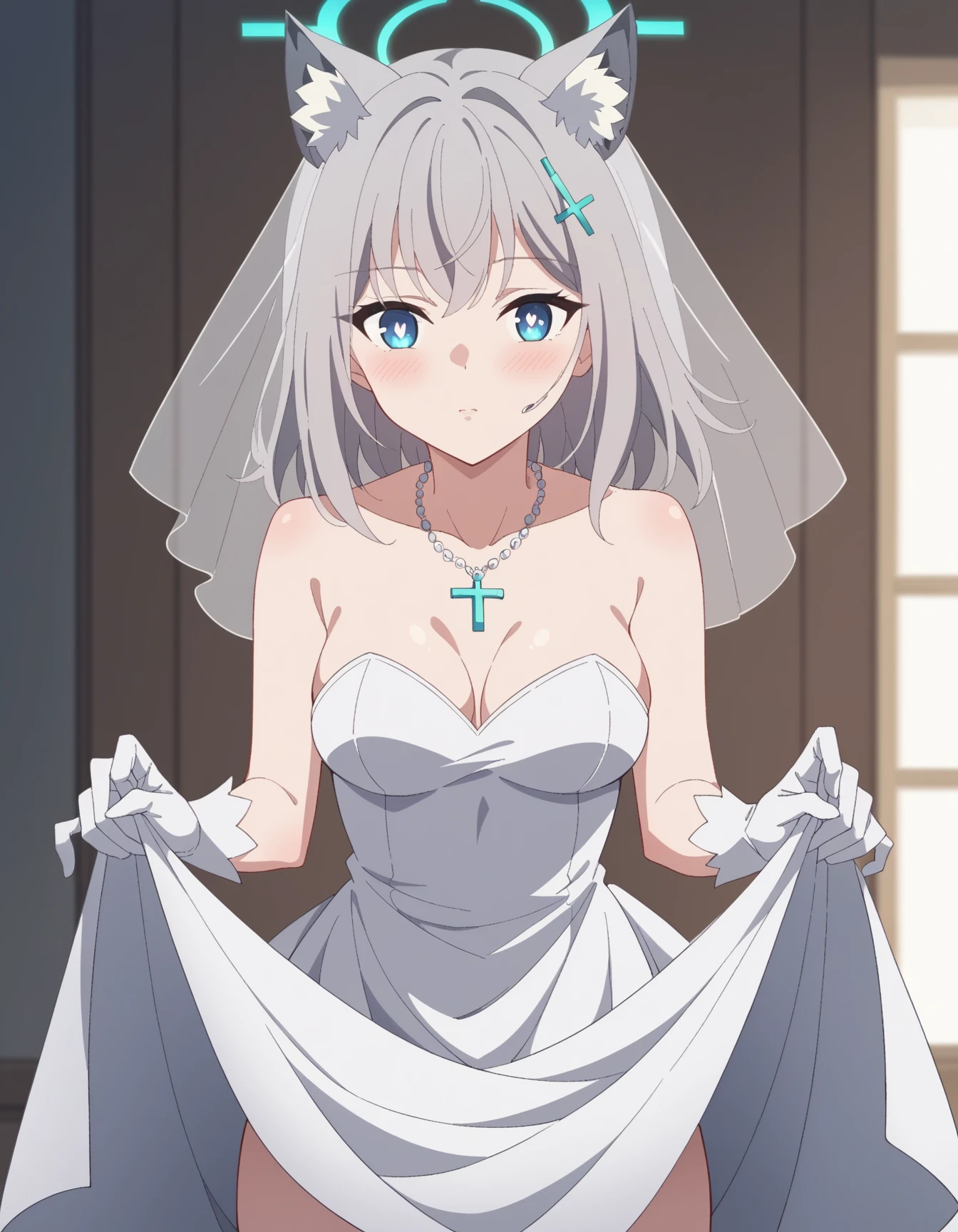 shiroko_bluearchive,beast ears,looking at viewer, little smile,pure white wedding dress, wedding ceremony, slim, dizzy, big-chest, perfect waist, day atmosphere, hair ornament, standing, upper body,