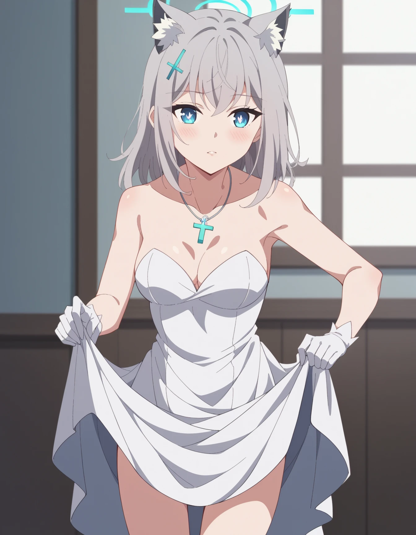 Top quality, (masterpiece: 1.2), very detailed, own room, 1 girl, solo, (muse), smile, watch viewer, gray hair, circle of angels, short hair, hair ornament, green eyes, light in the eyes, white underwear, in the middle of changing clothes, realistic, from the knees up, glowing skin, fair skin, ultra-realistic, realistic, portrait, blur,
