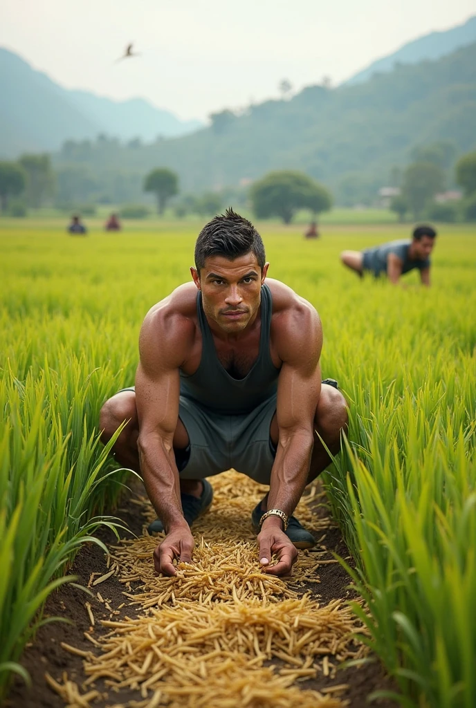 3D realistic photo, A skinny farmer pulls a rope held by a large man covered in mud in the middle of a green rice field, with a backdrop of rice fields and other farmers at work."