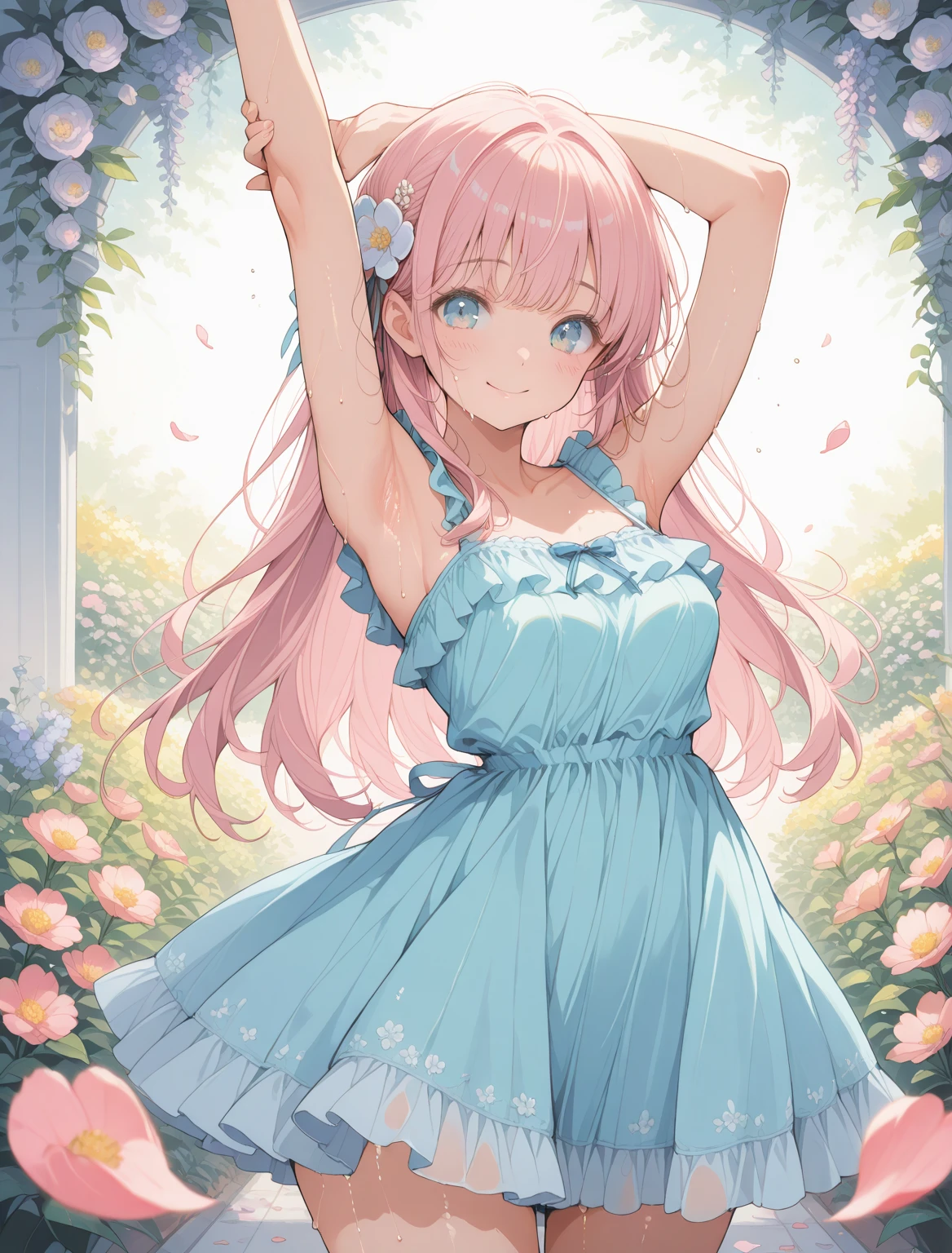 (best quality,4k,highres,masterpiece:1.2),ultra-detailed,(realistic,photorealistic,photo-realistic:1.37),cute girl wearing adorable underwear from behind,illustration,soft lighting,vibrant colors,floral garden background,vivid sky,long flowing hair,playful pose,peachy pink color palette,lace details,subtle shadows,delicate fabric folds