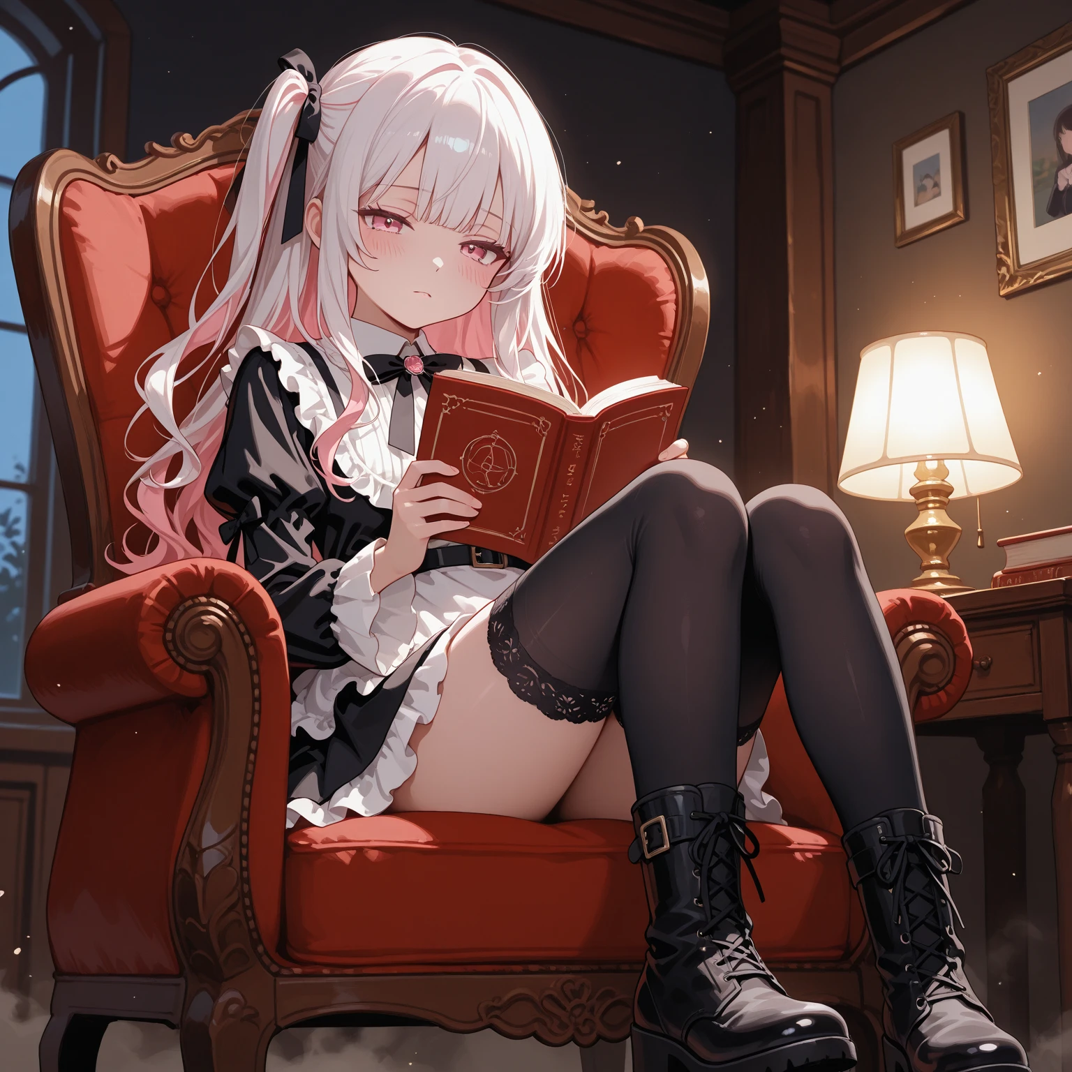1girl, barefoot, bare legs, solo, indoors, feet, toes, plant, long hair, bangs, legs, sitting, long sleeves, looking at viewer, lamp, white hair, full body, potted plant, pillow, dress, braid, belt, red eyes, parted lips, hair ornament, book, ribbon, holding, pink eyes, red ribbon, couch, chair
,ctstyle,
<lyco:MushroomStyle_v1:1>