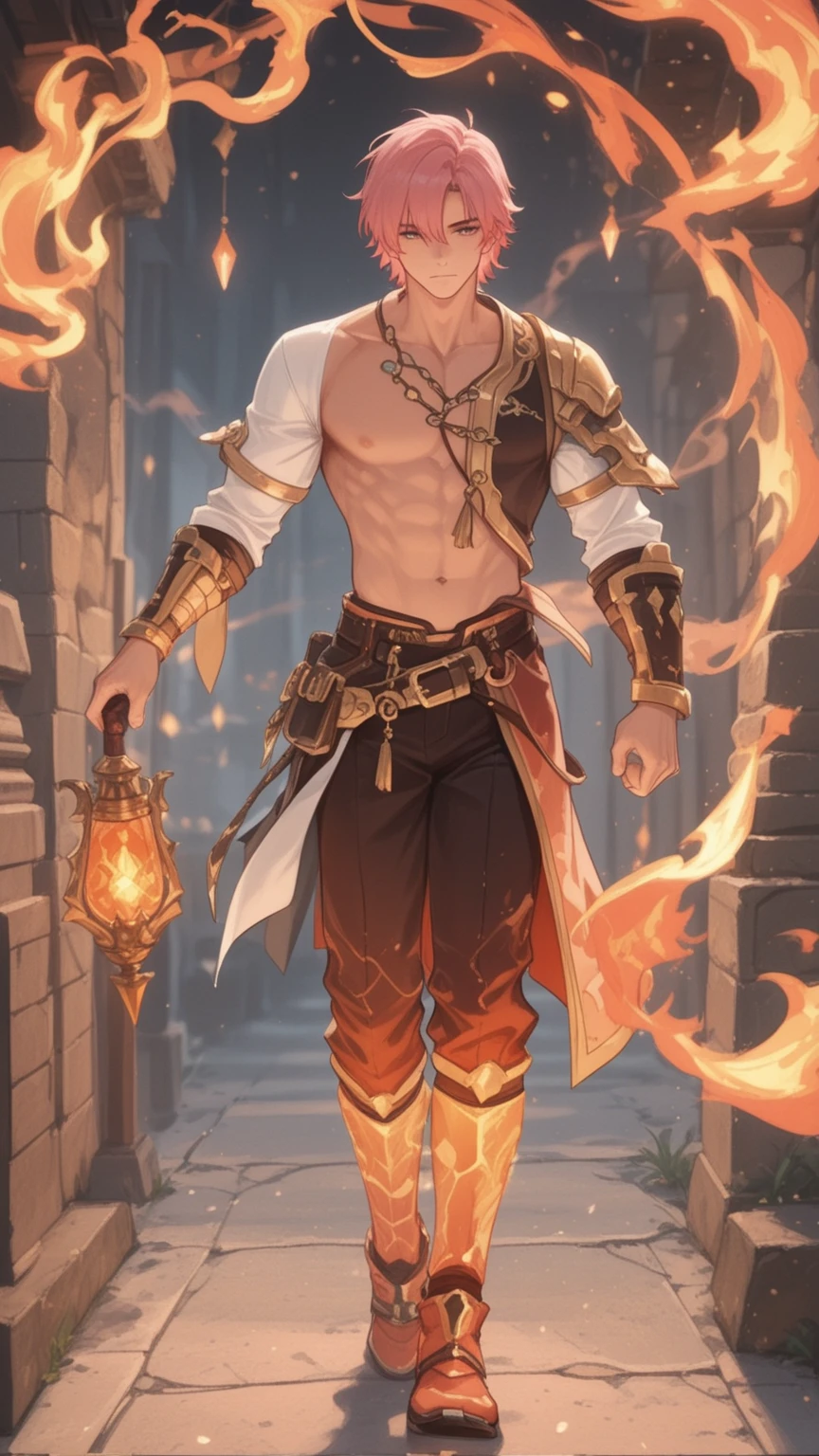 wakfu, a crystal ball, with golden sparks, with a fire god inside, a crystal ball lies in the sand, a pirate with a shovel in his hand looks at a ball with gin, sand, desert,