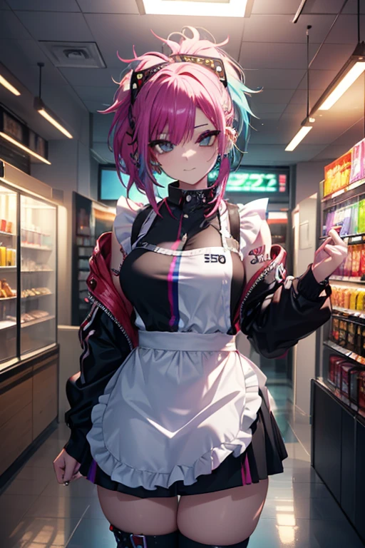 A pink haired woman with violet eyes and an hourglass figure in a nurse's uniform is taking blood pressure in a hospital room