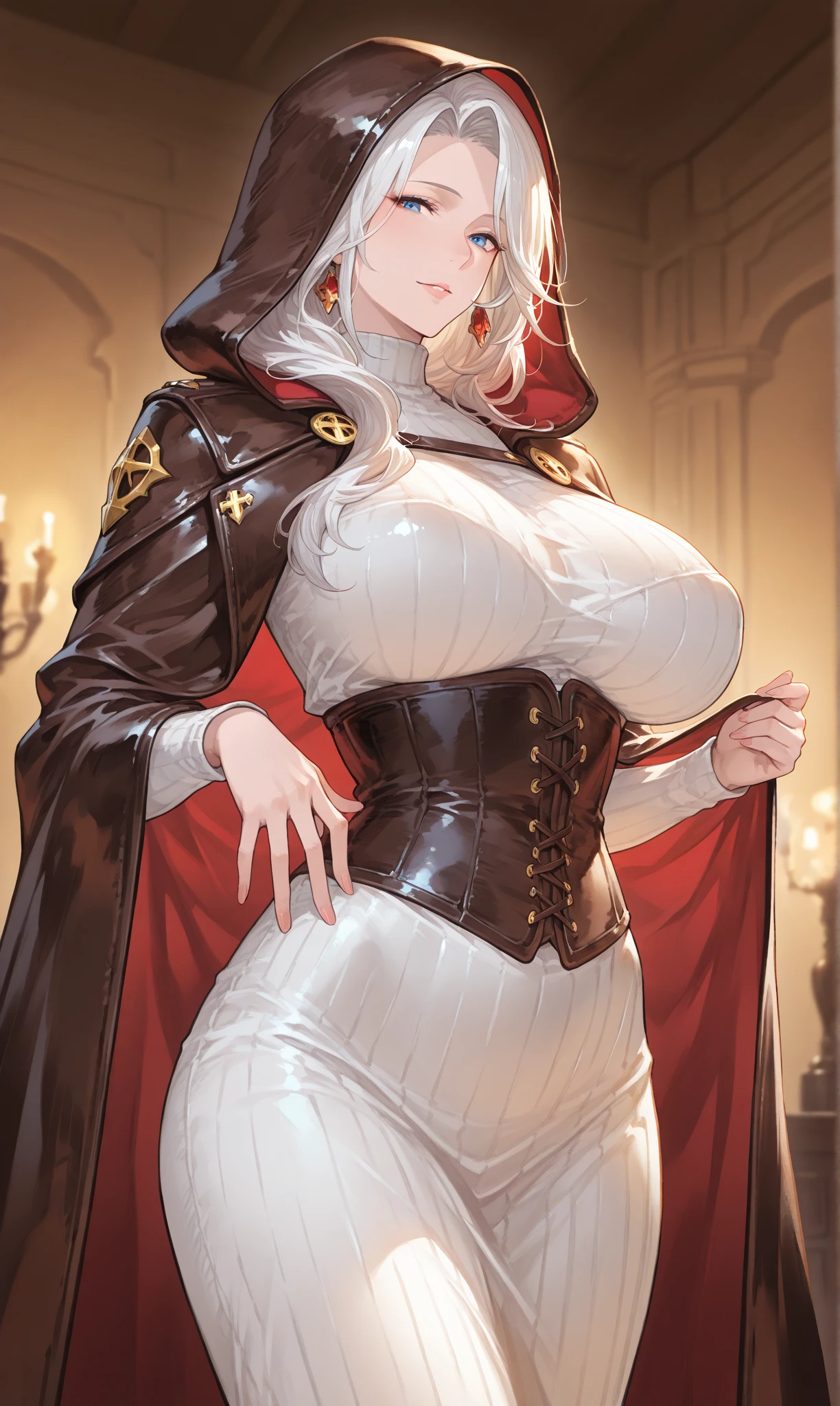 (masterpiece), (looking at pov), golden katana, (oversized clothes:1.2), miniskirt, ((dark clothes)), choker, (bandaged hands), (dark coat with ornate golden embroidery, golden embellished), (white hair, golden streaks on hair), yellow eyes, thigh strap, (neo city), (clouds), add_detail:1, hair over eyes, hair over one eye, gigantic boobs, tits, , hyper largest_breasts!! with the type of boobs_melons, (cameltoe view:1.3)