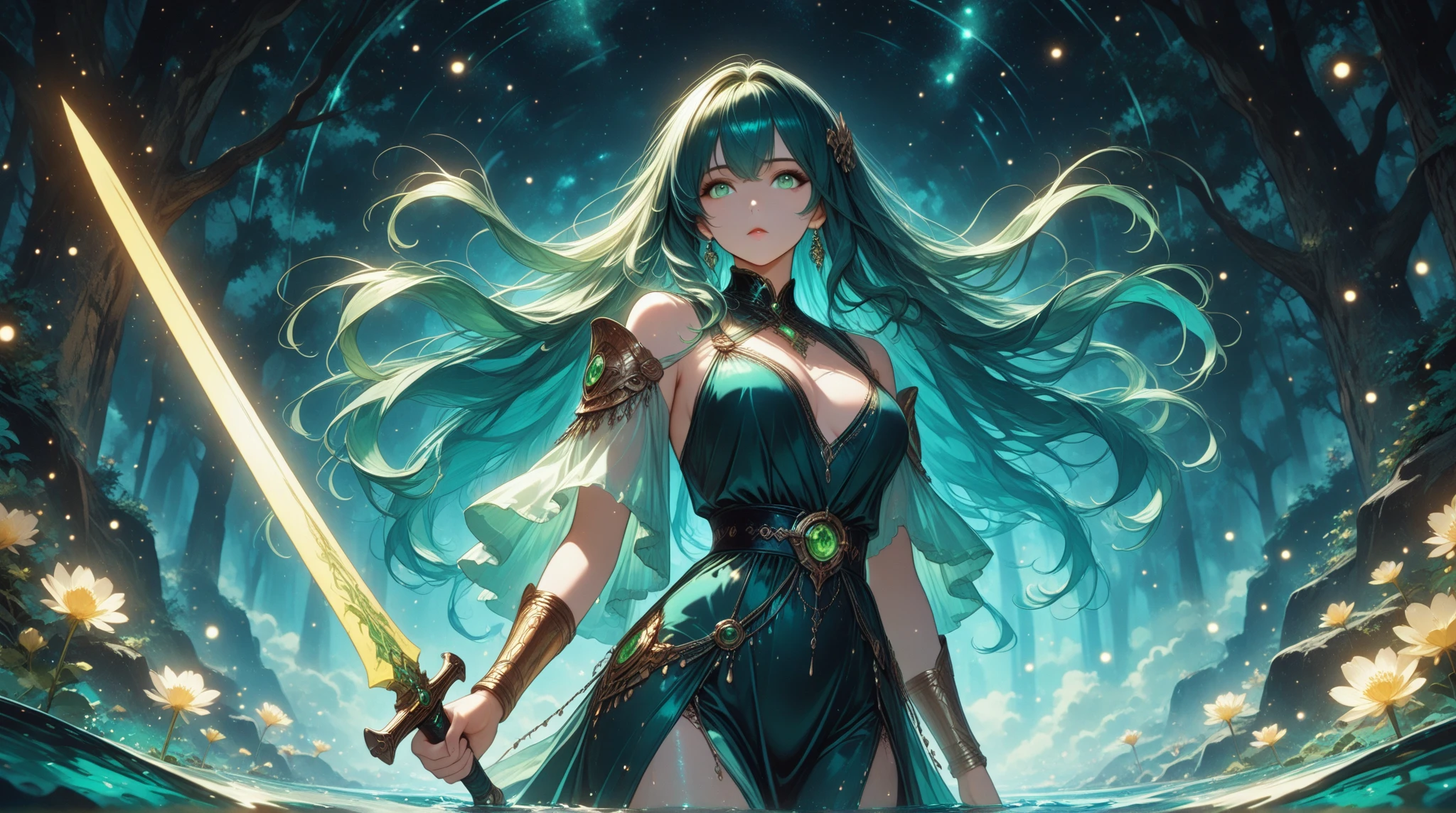 ((Best quality)), ((masterpiece)), ((highly intricate details)),beautiful, high quality, highres, absurdres, light difussion, intricate details, complex details, ((anime)), (anime:1.2) , (perfect face:1.3), extreme detailed eyes, colorful, highest detailed, vibrant colors, high contrast, (8K UHD:1.2), (photorealistic:1.2),(masterpiece:1.4), (best quality:1.4), realistic, huge breast.blushed, ??? face, nsfw art, body curve, full sexy body, random position, random pose position, random position, beauty shirt, ((upper body)), ((closed up)), ((detail face)).A majestic Elven warrior, her skin as pale as moonlight, wielding a luminous blue spear pointed skyward amidst a tumultuous sea battle, 8k, classic manga style, high resolution, precise grip, focused gaze, intricate detailing on eyes and hands, intricate plate mail, teal and gold armor, spear thrust high, shouting orders, commanding expression, 2D illustration, long emerald hair, vivid hair, detailed hair, sapphire eyes, sapphire eyes sparkling, detailed eyes, eyes glistening, twilight moon glow, chaos, naval warfare in the background.