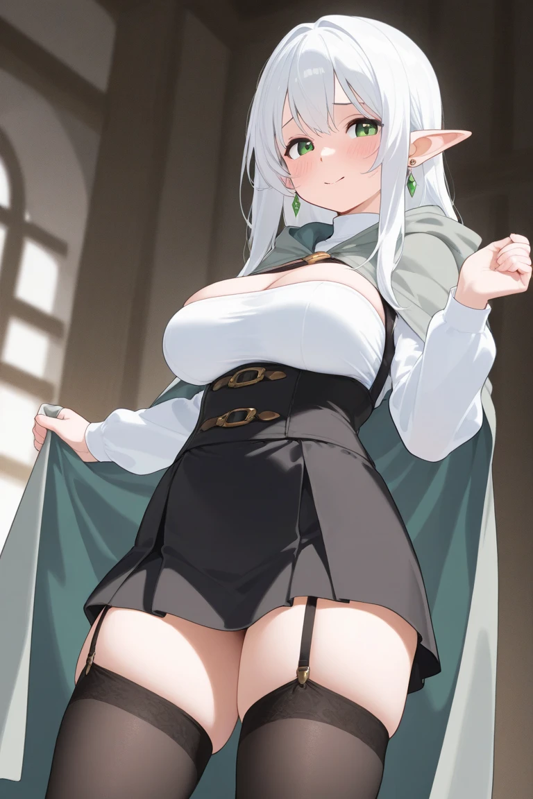 Frieren , anime, 1girl, ass, bra, thighs, silver_hair, twintail_hair, frieren, (frieren: Beyond_journey's_end), light_green_eyes, elf, big_breasts, tight_shorts, lay_on_stomach