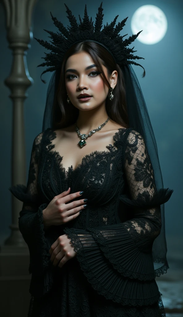 Beautiful sexy woman long black dress with veil on her head on her very sexy head and gold jewelry all over her body .  and black roses black hair 