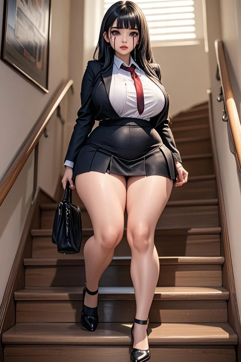 A busty hijabi girl, Arabic ethnicity, brown skin, Muslim, mature woman, secretary, wearing black jacket, pink open shirt, black mini skirt, beige stocking, a black high heel, glass, silk headscarf, big natural breasts, nice rounded ass, cleavage, sexy, thick hips, beautiful feet, smiling at the viewer, top view, in a corporate environment, taking a picture in reunion room