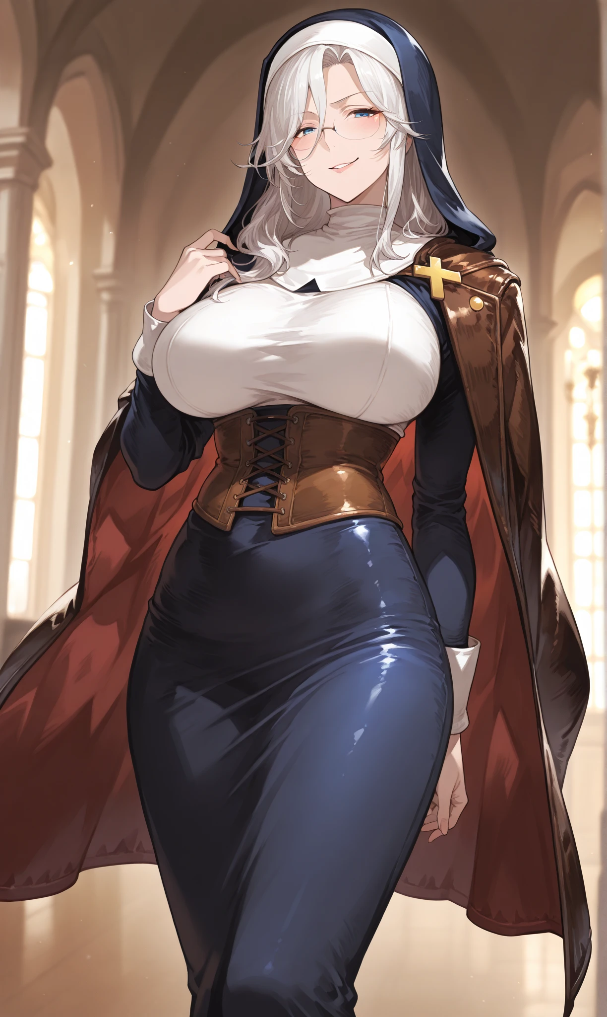 (masterpiece, top quality, best quality, official art, beautiful and aesthetic:1.2), (1girl:1.3), ((Sharp facial features, sharp features, hawkish features)), ((grey eyes)), busty paladin knight girl, extremely detailed, portrait, looking at viewer, solo, (full body:0.6), detailed background, full-body shot, (cold mountain nighttime glacier theme:1.1), holy knight, (nun), charlatan, smirk, mysterious, swaying in mountains, armor, polished metal, gold trim, long boots, white fabric, pelvic curtain, robe, pale leather, ((((nun, crossbow, heavy armor, armored, long legs, robes, prayer scrolls, toned, muscular)))), slim waist, slim hips, long legs, medieval (mountain exterior:1.1) background, dark mysterious lighting, shadows, magical atmosphere, dutch angle
